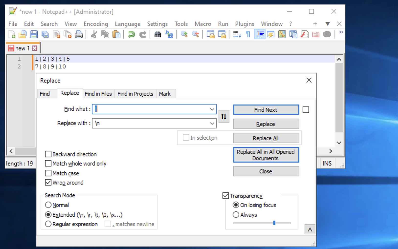 How to Replace delimiter with new line in Notepad++